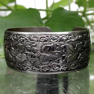 Vintage Silver Floral Repousse Wide Cuff Bracelet